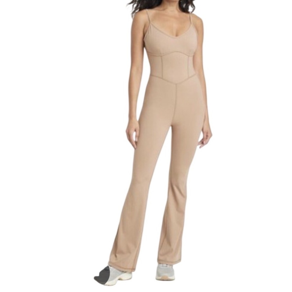 JoyLab Tan Flare Leg Bodysuit Jumpsuit Corset Seam Medium Strappy Athleisure